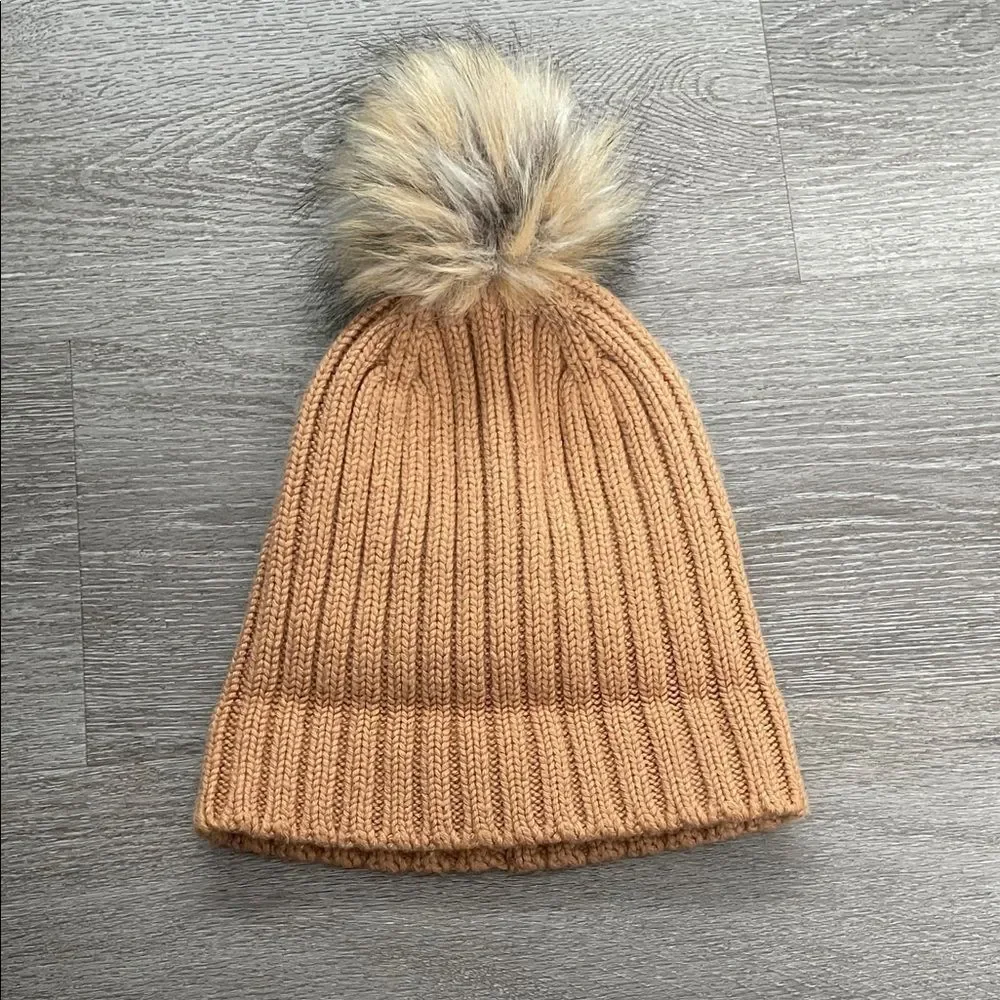 J.Crew Cozy Tan Knit Pom-Pom Beanie for Kids OS
